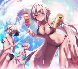 Rule 34 | 0 0, 4girls, :d, ^^^, adapted costume, akina t, artoria pendragon (alter swimsuit rider) (fate), artoria pendragon (alter swimsuit rider) (second ascension) (fate), artoria pendragon (fate), ass, bare shoulders, beer can, bent over, bikini, black bikini, black bow, black choker, blonde hair, blurry, blurry foreground, bow, breasts, brown eyes, can, choker, cleavage, cloud, collarbone, command spell, day, depth of field, drink can, fate/grand order, fate (series), food, frilled bikini, frills, fujimaru ritsuka (female), gluteal fold, grin, hair bow, hair bun, hair over one eye, highres, jeanne d&#039;arc (fate), jeanne d&#039;arc alter (fate), jeanne d&#039;arc alter (swimsuit berserker) (fate), jewelry, lens flare, long hair, looking at viewer, looking back, maid headdress, mash kyrielight, mash kyrielight (swimsuit of perpetual summer), meat, medium breasts, mouth hold, multiple girls, navel, necklace, o-ring, o-ring bikini, official alternate costume, onion, open mouth, outdoors, outstretched arm, pink bow, pink hair, popsicle, pov, short hair, side-tie bikini bottom, silver hair, single hair bun, skewer, small breasts, smile, sparkle, stomach, sunlight, surprised, swimsuit, teeth, v-shaped eyebrows, very long hair, white bikini