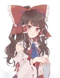 Rule 34 | 1girl, ascot, blue ascot, blush, bow, brown hair, collared shirt, commentary request, detached sleeves, frilled bow, frilled hair tubes, frills, hair bow, hair tubes, hakurei reimu, long hair, mozukuzu (manukedori), nontraditional miko, red eyes, red shirt, ribbon-trimmed sleeves, ribbon trim, shirt, sidelocks, simple background, sleeveless, sleeveless shirt, smile, solo, touhou, upper body, white background