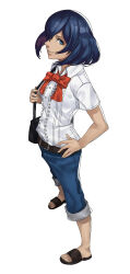 1girl alternate_costume bag blazpu blue_eyes collared_shirt creatures_(company) dark-skinned_female dark_skin full_body game_freak hand_on_own_hip handbag highres looking_at_viewer nintendo pokemon pokemon_xy sandals shirt short_hair simple_background sina_(pokemon) solo standing white_background