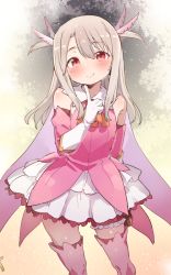 Rule 34 | 1girl, atage, bare shoulders, blush, cape, closed mouth, colored skin, contrapposto, dress, elbow gloves, fate/kaleid liner prisma illya, fate (series), finger to own chin, gloves, grey hair, hair ornament, hand up, layered gloves, long hair, looking at viewer, pink cape, pink dress, prisma illya, red eyes, smile, solo, thighhighs, two side up, white gloves, white skin