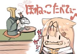 Rule 34 | 1boy, 1girl, :3, absurdres, black ribbon, blonde hair, blush, bone, chibi, cigarette, closed eyes, commentary request, cup, dyson (edaokunnsaikouya), fang, hair flaps, hair ornament, hair ribbon, hairclip, highres, kantai collection, long hair, musical note, newspaper, open mouth, reading, ribbon, scarf, simple background, sitting, smoking, t-head admiral, table, translation request, white scarf, yuudachi (kancolle)