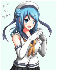 Rule 34 | 10s, 1girl, :d, artist name, bare shoulders, black skirt, blue background, blue eyes, blue hair, blush, collarbone, dated, double bun, elbow gloves, gloves, h2 (h20000000), hair bun, hat, hat ribbon, highres, interlocked fingers, kantai collection, long hair, looking at viewer, midriff peek, neckerchief, open mouth, outline, pleated skirt, ribbon, sailor collar, sailor hat, school uniform, serafuku, simple background, skirt, sleeves rolled up, smile, solo, urakaze (kancolle), white gloves, white hat, white outline, yellow neckerchief