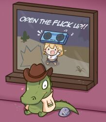 Rule 34 | 1girl, 1other, :d, absurdres, blonde hair, blush, boombox, broken window, cactus, chibi, coat, commentary, cowboy hat, desert, english commentary, english text, hat, highres, hololive, hololive english, investigator (amelia watson), moon ldl, night, night sky, open mouth, pebble (koseki bijou), sitting, sky, smile, sweatdrop, virtual youtuber, watson amelia