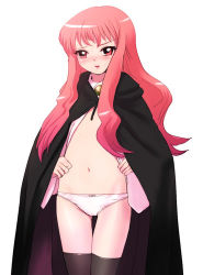 Rule 34 | 00s, 1girl, black thighhighs, blapan, blush, bow, bow panties, burapan, cape, embarrassed, flat chest, hands on own hips, long hair, louise francoise le blanc de la valliere, lowres, navel, no bra, no pants, open clothes, open mouth, open shirt, panties, pentacle, pink eyes, pink hair, shirt, simple background, solo, standing, thigh gap, thighhighs, thighs, underwear, white background, white panties, zero no tsukaima