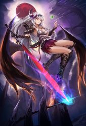 Rule 34 | 10s, 1girl, armor, armored boots, babydoll, bare shoulders, black footwear, black gloves, boots, breasts, chemise, dark jeanne, eruthika, gloves, granblue fantasy, grey hair, hand up, highres, holding, holding sword, holding weapon, jeanne d&#039;arc (granblue fantasy), knee boots, long hair, medium breasts, parted lips, purple skirt, red eyes, single glove, single vambrace, skirt, solo, sword, vambraces, very long hair, weapon, wings