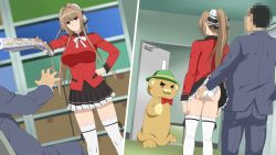 Rule 34 | 1boy, 1girl, age difference, amagi brilliant park, ass, ass grab, assisted exposure, at gunpoint, black skirt, blurry, bookcase, box, breasts, brown eyes, brown hair, cardboard box, censored, clothes lift, cottage, depth of field, door, dutch angle, green headwear, groping, gun, hair ribbon, hand on own hip, high ponytail, highres, identity censor, indoors, large breasts, long hair, moffle, panties, pleated skirt, ribbon, sento isuzu, skirt, skirt lift, stealth ass grab, tagme, thighhighs, ugly man, underwear, weapon, white panties, zettai ryouiki