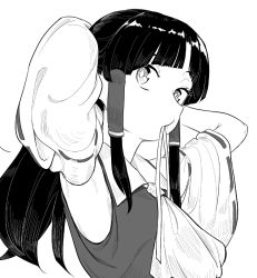 Rule 34 | 1girl, adjusting hair, armpits, black hair, detached sleeves, frogsnake, greyscale, hair tubes, hakurei reimu, long hair, looking at viewer, monochrome, mouth hold, parted bangs, ribbon, ribbon-trimmed sleeves, ribbon trim, shirt, sidelocks, simple background, sleeveless, sleeveless shirt, solo, touhou, upper body, white background, wide sleeves