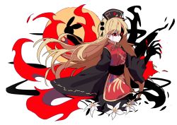 Rule 34 | 1girl, bing zizi, blonde hair, blood, chinese clothes, claws, closed mouth, flower, glowing, glowing eyes, hat, highres, junko (touhou), lily (flower), long hair, long sleeves, moon, multiple tails, pom pom (clothes), rabbit, red eyes, silhouette, solo, split theme, tabard, tail, tears, touhou, very long hair, white flower, wide sleeves