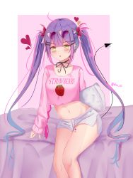 Rule 34 | 1girl, :o, absurdres, bare legs, black ribbon, blush, choker, collarbone, crop top, demon tail, earrings, eyewear on head, hair ribbon, heart, heart-shaped eyewear, highres, holding, holding pillow, hololive, jewelry, long hair, long sleeves, looking at viewer, navel, on bed, open mouth, pillow, pink shirt, pink theme, purple hair, ribbon, ribbon choker, shirt, short shorts, shorts, sitting, solo, stomach, stud earrings, sunglasses, sunglasses on head, tail, tokoyami towa, twintails, twitter username, very long hair, virtual youtuber, whin, white shorts, yellow eyes