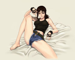 Rule 34 | 00s, 1girl, arm support, azasuke, bad anatomy, bed sheet, belt, black lagoon, breasts, brown eyes, brown hair, covered erect nipples, denim, denim shorts, fingerless gloves, gloves, grin, groin tendon, highres, leaning back, leg lift, long hair, looking at viewer, medium breasts, middle finger, midriff, nail polish, navel, open fly, panties, poorly drawn, reclining, revy (black lagoon), short shorts, shorts, shoulder tattoo, sitting, smile, solo, spread legs, squinting, tank top, tattoo, unbuttoned, underwear, unzipped, white panties