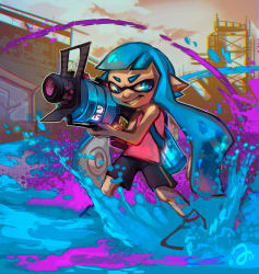 Rule 34 | 1girl, aqua eyes, aqua hair, artist name, bike shorts, black shorts, blunt bangs, chromatic aberration, commentary, dated, english commentary, erin liona, fangs, full body, furrowed brow, grin, holding, holding weapon, ink tank (splatoon), inkling player character, legs apart, long hair, looking away, looking to the side, nintendo, outdoors, paint, paint splatter, pointy ears, red shirt, shirt, short hair, shorts, sideways glance, signature, single vertical stripe, sleeveless, sleeveless shirt, smile, solo, splatoon (series), splatoon 1, squid, standing, striped clothes, striped shorts, tentacle hair, v-shaped eyebrows, very long hair, weapon, weapon request