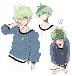 Rule 34 | 1boy, amami rantaro, antenna hair, blood, closed mouth, collarbone, danganronpa (series), danganronpa v3: killing harmony, earrings, green eyes, green hair, hair between eyes, hand in own hair, jewelry, looking at viewer, male focus, multiple views, nabu (d4ng4nn6bu12), necklace, pants, shirt, short hair, simple background, sleeves past elbows, smile, striped clothes, striped shirt, sweat, unfinished, white background