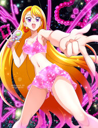 Rule 34 | 1girl, :d, \n/, asymmetrical bangs, blonde hair, braid, braided bangs, breasts, commentary, cure butterfly, dated, energy, foreshortening, gradient hair, hanzou, highres, hijiri ageha, hirogaru sky! precure, holding, light particles, long hair, looking at viewer, magical girl, medium breasts, multicolored hair, open mouth, pink hair, pink shorts, pink sports bra, pointing, pointing at viewer, precure, purple eyes, red hair, short shorts, shorts, sky mirage, smile, solo, sparkle, sports bra, standing, transformation, twitter username, v, very long hair