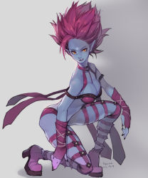 Rule 34 | 1girl, 2013, armor, between breasts, big hair, bikini armor, blue skin, breasts, cleavage, colored skin, dated, evelynn (league of legends), evelynn (old), facial mark, fingerless gloves, forehead mark, full body, gloves, large breasts, league of legends, long legs, o-ring, on one knee, platform footwear, platform heels, pointy ears, purple hair, racoona, revealing clothes, ribbon, solo, spiked hair, yellow eyes