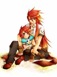 Rule 34 | 00s, 0apple00, 2boys, abs, aged down, bad id, bad pixiv id, child, dual persona, fingerless gloves, gloves, long hair, luke fon fabre, male focus, midriff, mieu (tales), multiple boys, red hair, shorts, smile, tales of (series), tales of the abyss, time paradox