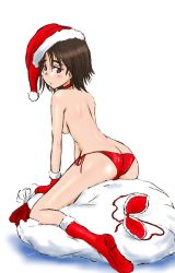 Rule 34 | 1girl, alternate costume, artist name, ass, back, bikini, blush, boots, breasts, brown eyes, brown hair, butt crack, choker, christmas, closed mouth, commentary, from behind, frown, girls und panzer, gloves, hat, hiyama yuu (wee259hiyama), kneeling, leaning forward, looking at viewer, looking back, medium breasts, one-hour drawing challenge, oversized object, parted bangs, red bikini, red choker, red footwear, red gloves, red hat, sack, santa bikini, santa boots, santa gloves, santa hat, sawa azusa, short hair, sideboob, signature, simple background, solo, swimsuit, topless, unworn bikini top, white background