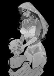 Rule 34 | 2girls, black background, blush, bra, bridal lingerie, closed eyes, cross, cross necklace, dark-skinned female, dark skin, elbow gloves, female focus, garter belt, gloves, greyscale, gundam, gundam suisei no majo, hand on another&#039;s thigh, hands on another&#039;s face, highres, jewelry, lingerie, long hair, long sleeves, looking at another, medium hair, milfcookiesimp, miorine rembran, monochrome, multiple girls, neck ribbon, necklace, off shoulder, open clothes, open shirt, panties, parted lips, ribbon, ring, simple background, strap slip, suletta mercury, thighhighs, underwear, underwear only, veil, wedding ring, wife and wife, yuri