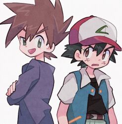 Rule 34 | 2boys, annoyed, ash ketchum, baseball cap, belt, black hair, black shirt, blue jacket, blue oak, brown belt, brown eyes, brown hair, collared jacket, commentary, creatures (company), crossed arms, game freak, green eyes, green pants, hat, high collar, highres, jacket, long sleeves, looking at another, looking back, male focus, mgomurainu, multicolored clothes, multicolored headwear, multiple boys, nintendo, open mouth, pants, pokemon, pokemon (anime), pokemon (classic anime), purple shirt, raised eyebrow, shirt, short hair, simple background, smile, spiked hair, sweatdrop, upper body, white background
