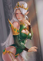 Rule 34 | 1girl, breasts, cleavage, detached sleeves, dutch angle, elf, eva solo, finger to cheek, half updo, highres, long hair, looking at viewer, parted lips, pointy ears, princess, purple eyes, solo, standing, updo, warcraft, white hair, world of warcraft, yuuleth lightglade