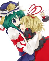 Rule 34 | 2girls, absurdres, blonde hair, blue eyes, doll, doll joints, dqn (dqnww), dress, closed eyes, female focus, green hair, hair ornament, hair ribbon, hands on another&#039;s chest, hat, highres, joints, medicine melancholy, multiple girls, open mouth, ribbon, shiki eiki, short hair, smile, su-san, touhou, wings