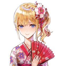 Rule 34 | blonde hair, blue eyes, earrings, floral print, flower, flower earrings, hair flower, hair ornament, hand fan, holding, holding fan, japanese clothes, jewelry, kim eb, kimono, long hair, looking at viewer, nail polish, obi, original, pink kimono, red nails, sash, side ponytail, simple background, smile, solo, upper body, white background