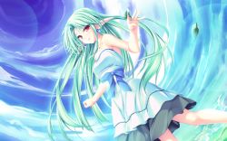 Rule 34 | cecile absentia, day, dress, green hair, long hair, magus tale, pointy ears, red eyes, sky, solo, tenmaso