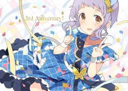 Rule 34 | 1girl, anniversary, blue dress, blush, checkered clothes, checkered dress, choker, collarbone, commentary request, confetti, dress, frilled dress, frills, hair ornament, hands up, idolmaster, idolmaster million live!, index finger raised, infinite sky (idolmaster), looking at viewer, makabe mizuki, mochigome (ununquadium), open mouth, purple hair, short hair, short sleeves, sidelocks, simple background, smile, solo, v, wavy hair, white choker, wristband, yellow eyes