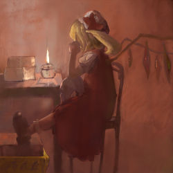 Rule 34 | 1girl, arm rest, blonde hair, bobby socks, book, candle, candlelight, chair, facing away, faux traditional media, flandre scarlet, hand on own face, hat, hat ribbon, head rest, hiura2329, legs up, mob cap, puffy short sleeves, puffy sleeves, ribbon, short hair, short sleeves, side ponytail, sitting, skull, socks, solo, table, touhou, wings