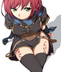 Rule 34 | 1girl, belt, breasts, closed mouth, crossed legs, dress, facing viewer, from above, green eyes, large breasts, leg tattoo, looking at viewer, looking up, nagioka, nel zelpher, red hair, runes, scarf, short hair, short sleeves, side slit, sitting, skirt, solo, star ocean, star ocean till the end of time, tattoo, thighhighs, uniform, zettai ryouiki