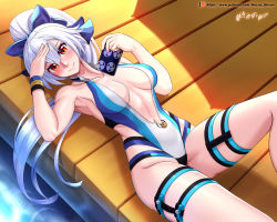 Rule 34 | 1girl, adapted costume, armpits, blue bow, blue one-piece swimsuit, blush, bow, breasts, breasts apart, cellphone, collarbone, competition swimsuit, fate/grand order, fate (series), hair between eyes, hair bow, highleg, highleg swimsuit, highres, holding, holding phone, long hair, medium breasts, mitsudomoe (shape), multicolored clothes, multicolored swimsuit, navel, one-piece swimsuit, patreon username, phone, ponytail, red eyes, shadow, silver hair, smartphone, smile, solo, striped clothes, striped one-piece swimsuit, swimsuit, thigh strap, tomoe (symbol), tomoe gozen (fate), tomoe gozen (swimsuit saber) (fate), tomoe gozen (swimsuit saber) (first ascension) (fate), unzipped, very long hair, vilde loh hocen, watermark, web address, white one-piece swimsuit, wristband