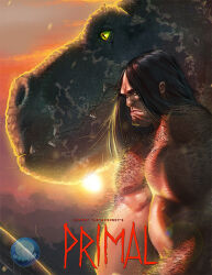 Rule 34 | 1boy, arm hair, caveman, chest hair, copyright name, dinosaur, dr-conz, fang, fang (primal), genndy tartakovsky&#039;s primal, green eyes, hairy, long hair, looking to the side, male focus, polearm, scales, slit pupils, spear, spear (primal), sun, teeth, topless, topless male, tyrannosaurus rex, weapon
