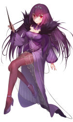 Rule 34 | 1girl, blush, breasts, dress, fate/grand order, fate (series), feather trim, fur-trimmed dress, fur trim, green322, hair between eyes, headpiece, high heels, highres, holding, holding wand, light blush, long sleeves, medium breasts, pantyhose, purple dress, purple hair, red eyes, scathach (fate), scathach skadi (fate), shade, simple background, solo, tiara, wand, white background