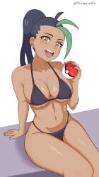 Rule 34 | 1girl, :d, alternate costume, arm support, bikini, black hair, breasts, cleavage, collarbone, creatures (company), dark-skinned female, dark skin, eclyart, eyelashes, freckles, game freak, green hair, hand up, highres, holding, holding poke ball, large breasts, long hair, looking at viewer, medium breasts, mixed-language commentary, multicolored hair, navel, nemona (pokemon), nintendo, open mouth, orange eyes, poke ball, poke ball (basic), pokemon, pokemon sv, ponytail, sitting, smile, solo, swimsuit, teeth, thighs, tongue, two-tone hair, upper teeth only