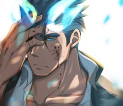 Rule 34 | 1boy, blood, blue eyes, blue fire, blue hair, close-up, closed mouth, crow (siranui), fiery horns, fire, hand on own face, highres, horns, looking at viewer, male focus, pectorals, portrait, sakimori toji, simple background, solo, tokyo houkago summoners, upper body