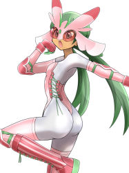 Rule 34 | 1girl, absurdres, alternate costume, arm up, ass, bad id, bad pixiv id, blush, bodystocking, boots, chestnut mouth, corset, cosplay, creatures (company), cross-laced footwear, dark-skinned female, dark skin, female focus, from side, game freak, gen 7 pokemon, gloves, green eyes, green hair, hand up, highres, knee boots, knee pads, lace-up boots, leg up, leotard, long hair, looking at viewer, lurantis, lurantis (cosplay), mallow (pokemon), matching hair/eyes, nintendo, open mouth, outstretched arm, pink-tinted eyewear, pink footwear, pink gloves, pink leotard, pink thighhighs, pokemon, pokemon sm, shiny clothes, shoukin500, simple background, solo, standing, standing on one leg, strapless, strapless leotard, striped clothes, striped footwear, teeth, thighhighs, tinted eyewear, twintails, vambraces, very long hair, white background