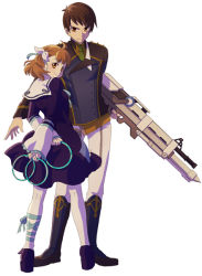 Rule 34 | 1boy, 1girl, breasts, brother and sister, brown eyes, brown hair, closed mouth, commentary request, derivative work, dress, hair ornament, huge weapon, kresnik ahtreide, medium hair, pantyhose, ribbon, short hair, siblings, side ponytail, weapon, wild arms, wild arms 4, yulie ahtreide
