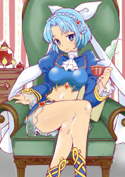Rule 34 | 10s, blue eyes, blue hair, braid, breasts, ascot, frills, jewelry, crossed legs, looking at viewer, ludmila lourie, madan no ou to vanadis, midriff, navel, ribbon, see-through, shoes, short hair, skirt, smile