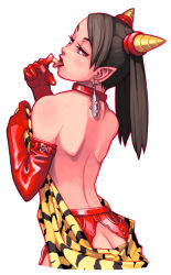 Rule 34 | 1girl, animal print, back, beans, butt crack, collar, demon girl, earrings, gloves, horns, jewelry, maruta kentarou, oni, pointy ears, ponytail, red gloves, red leather, red oni, solo, tiger print, tongue, twintails