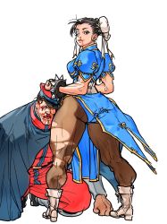 Rule 34 | 1boy, 1girl, ass, birokichi00, bleeding, blood, blood on face, boots, bracelet, bruise, bruise on face, capcom, cape, chinese clothes, chun-li, earrings, formal, hat, high heel boots, high heels, highres, injury, jewelry, m. bison, muscular legs, spiked bracelet, spikes, street fighter, suit, thick thighs, thighs, torn clothes, underwear
