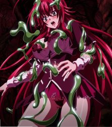 Rule 34 | 10s, 1girl, blush, breasts, cameltoe, covered erect nipples, high school dxd, highres, large breasts, long hair, open mouth, panties, red hair, rias gremory, school uniform, slime, stitched, surprised, third-party edit, transparent, underwear, very long hair