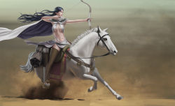 Rule 34 | 1girl, arrow (projectile), arslan senki, black hair, bow (weapon), breasts, brown eyes, cape, cleavage, drawing bow, earrings, falangies, highres, holding bow (weapon), horse, horseback riding, jewelry, jiuwei yaohu, lipstick mark, long hair, navel, outdoors, quiver, riding, saddle, sand, solo, stirrups (riding), thighhighs, weapon
