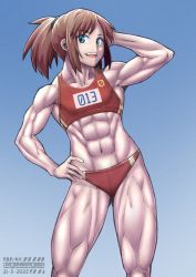 Rule 34 | 1girl, abs, arms up, brown hair, ebr-kii, flat chest, green eyes, hand on own hip, looking at viewer, muscular, muscular female, original, ponytail, solo, sports bra, sportswear, thighs