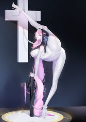 Rule 34 | 1girl, absurdly long hair, absurdres, bdsm, bodysuit, bondage, bound, bound ankles, bound wrists, breasts, bridal gauntlets, chain, chained, contortion, cross, cross necklace, cuffs, dark background, flexible, habit, high heels, highres, holding leg, hood, jewelry, large breasts, long hair, necklace, nun, original, oversplit, parted lips, pink eyes, pink hair, restrained, shackles, signature, simple background, solo, split, standing, standing on one leg, standing split, thighs, very long hair, white bodysuit, zemzeq