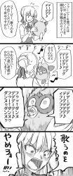 Rule 34 | 1girl, 4koma, ahoge, artoria pendragon (all), artoria pendragon (fate), bloodshot eyes, braid, comic, commentary request, fate/stay night, fate (series), flying sweatdrops, furby, greyscale, hair bun, hair ribbon, highres, holding, holding stuffed toy, looking at another, monochrome, musical note, necktie, rasupekuto, ribbon, saber (fate), shouting, simple background, single hair bun, skirt, sound effects, speech bubble, stuffed animal, stuffed toy, translation request