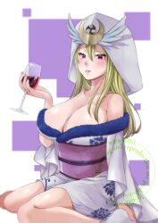 Rule 34 | 1girl, bare shoulders, blonde hair, breasts, cleavage, collarbone, cup, drinking glass, fairy tail, highres, japanese clothes, large breasts, long hair, mature female, red eyes, selene (fairy tail), solo, wine glass