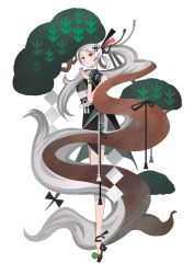 Rule 34 | 1girl, appi, bonsai, full body, grey hair, long hair, original, plant, ponytail, simple background, solo, standing, tassel, tree, white background