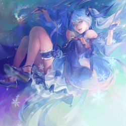 Rule 34 | 1girl, ahoge, aqua eyes, aqua hair, aqua nails, armpit peek, arms at sides, blue bow, blue dress, blue footwear, blue neckwear, blue skirt, bow, bridal garter, camisole, casting spell, choker, constellation, constellation print, cross-laced footwear, detached sleeves, dress, dress shoes, earrings, fingerless gloves, floating, footwear bow, frilled dress, frills, gloves, hair bow, hair ornament, hairclip, hand up, hatsune miku, highres, holding, jewelry, layered skirt, layered sleeves, legs, legs up, lips, long hair, looking at viewer, magic, nail polish, open mouth, pleated skirt, polka dot, polka dot skirt, realistic, ribbon choker, shoes, skirt, smile, snowflakes, solo, spaghetti strap, sparkling eyes, star (symbol), star earrings, star hair ornament, striped choker, teeth, tunapon01, twintails, underskirt, very long hair, vocaloid, wand, white skirt, wide sleeves, yuki miku