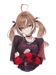 Rule 34 | 1girl, ahoge, black ribbon, black shirt, black sweater, brown eyes, brown hair, choker, commentary, crossed arms, emo fashion, frown, hair over one eye, hair ribbon, heart, heart choker, highres, hololive, hololive english, huge ahoge, jewelry, lace-trimmed choker, lace trim, layered sleeves, long sleeves, looking at viewer, multicolored hair, nanashi mumei, nanashi mumei (emo), necklace, nightmare (nanashi mumei), red sweater, ribbon, shirt, short over long sleeves, short sleeves, streaked hair, sweater, sweater under shirt, symbol-only commentary, t-shirt, tablicoart, twintails, two-tone sweater, virtual youtuber