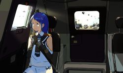 Rule 34 | 10s, 1girl, aircraft, black gloves, blue eyes, blue hair, car interior, ch-47 chinook, closed mouth, elbow gloves, gloves, helicopter, highres, kantai collection, long hair, looking to the side, military, military vehicle, morakkyo (mephilas g3), sailor collar, samidare (kancolle), seatbelt, sitting, sleeveless, solo, uh-1 iroquois