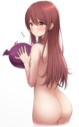Rule 34 | 1girl, absurdres, ass, back, blush, breasts, brown hair, closed mouth, completely nude, cowboy shot, cropped legs, embarrassed, flying sweatdrops, from behind, highres, holding, idolmaster, idolmaster shiny colors, karikura (atatata71), long hair, looking at viewer, looking back, nude, osaki tenka, sideboob, simple background, small breasts, solo, swept bangs, white background, yellow eyes